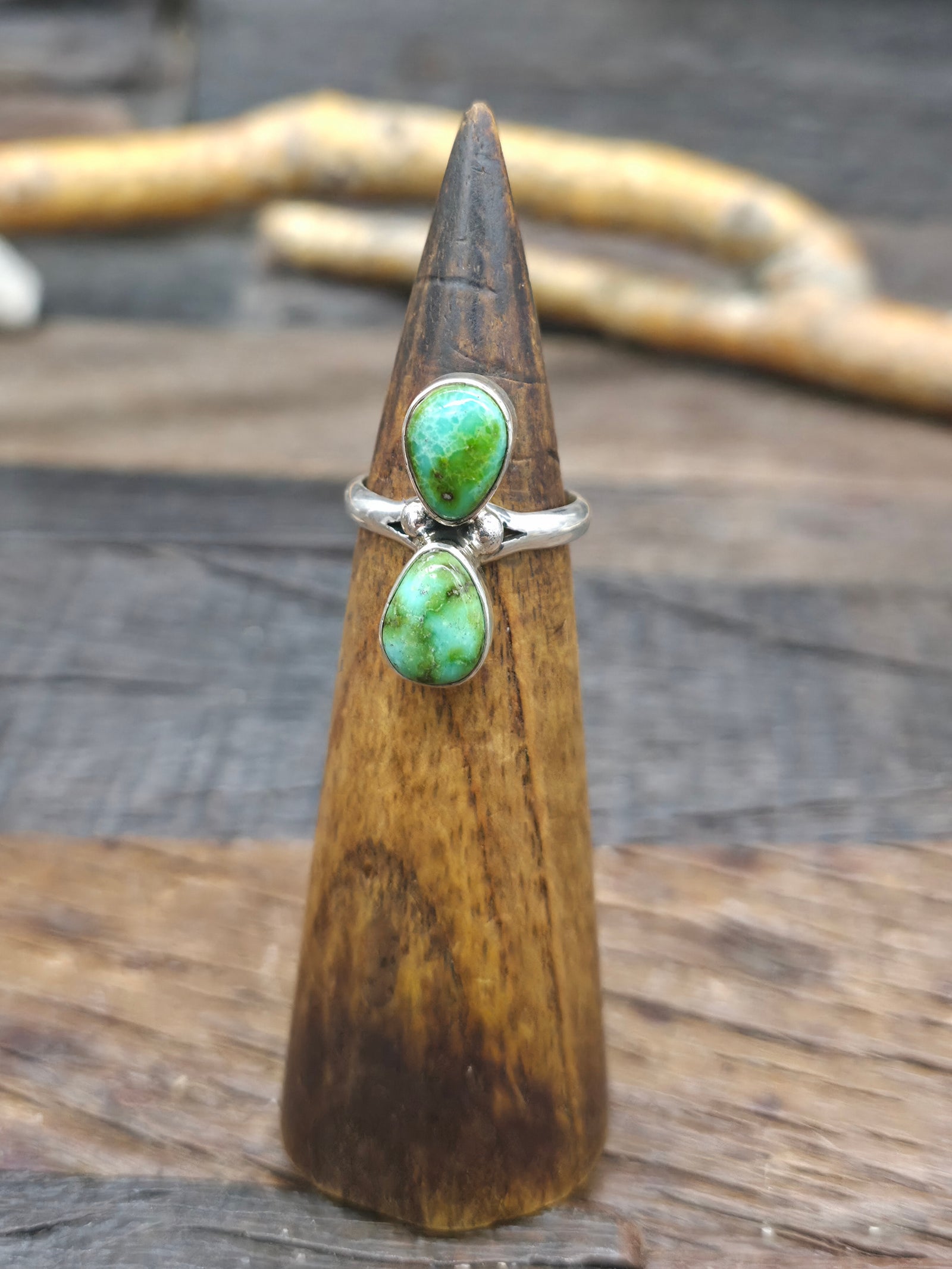 Two Stone Sterling Silver Sonoran Turquoise Ring by "S" - Size 8 1/2