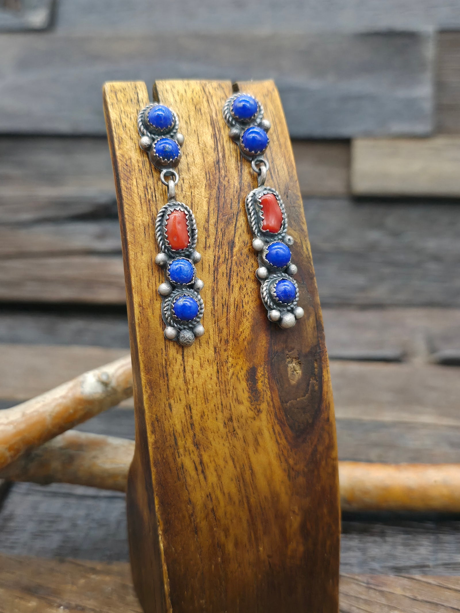 Oxidized Sterling Silver Lapis and Coral Post Dangle Earrings - 2 in. by 3/8 in.