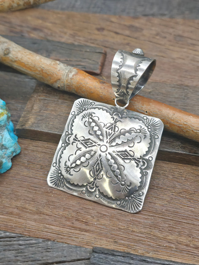 Large Stamped Sterling Silver Square Pendant by Vincent Platero -  3 1/4 in. by 2 1/4 in.