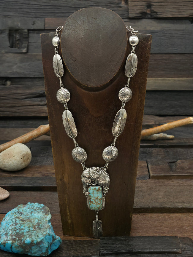 Sterling Silver Turquoise Feather and Leaf Applique Lariat Necklace by Delbert Vandever - 22 in. with 4 in. Drop