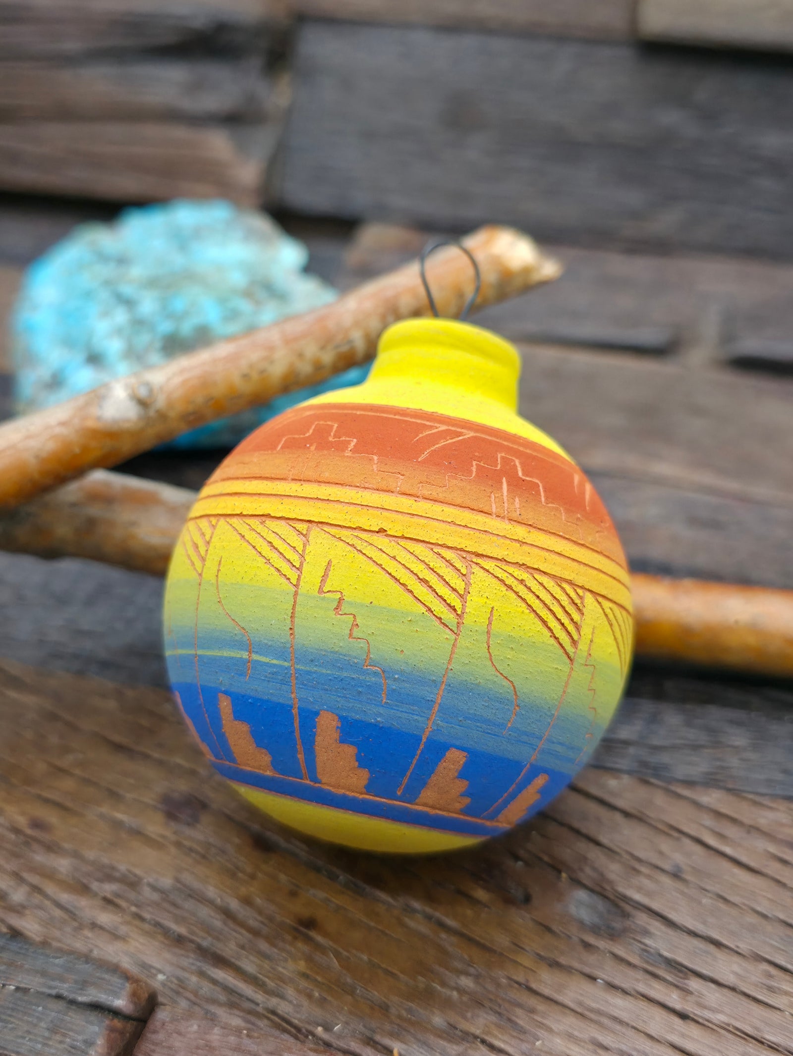 Navajo Etched Christmas Ornament Bauble by Viveca Tsosie - Yellow