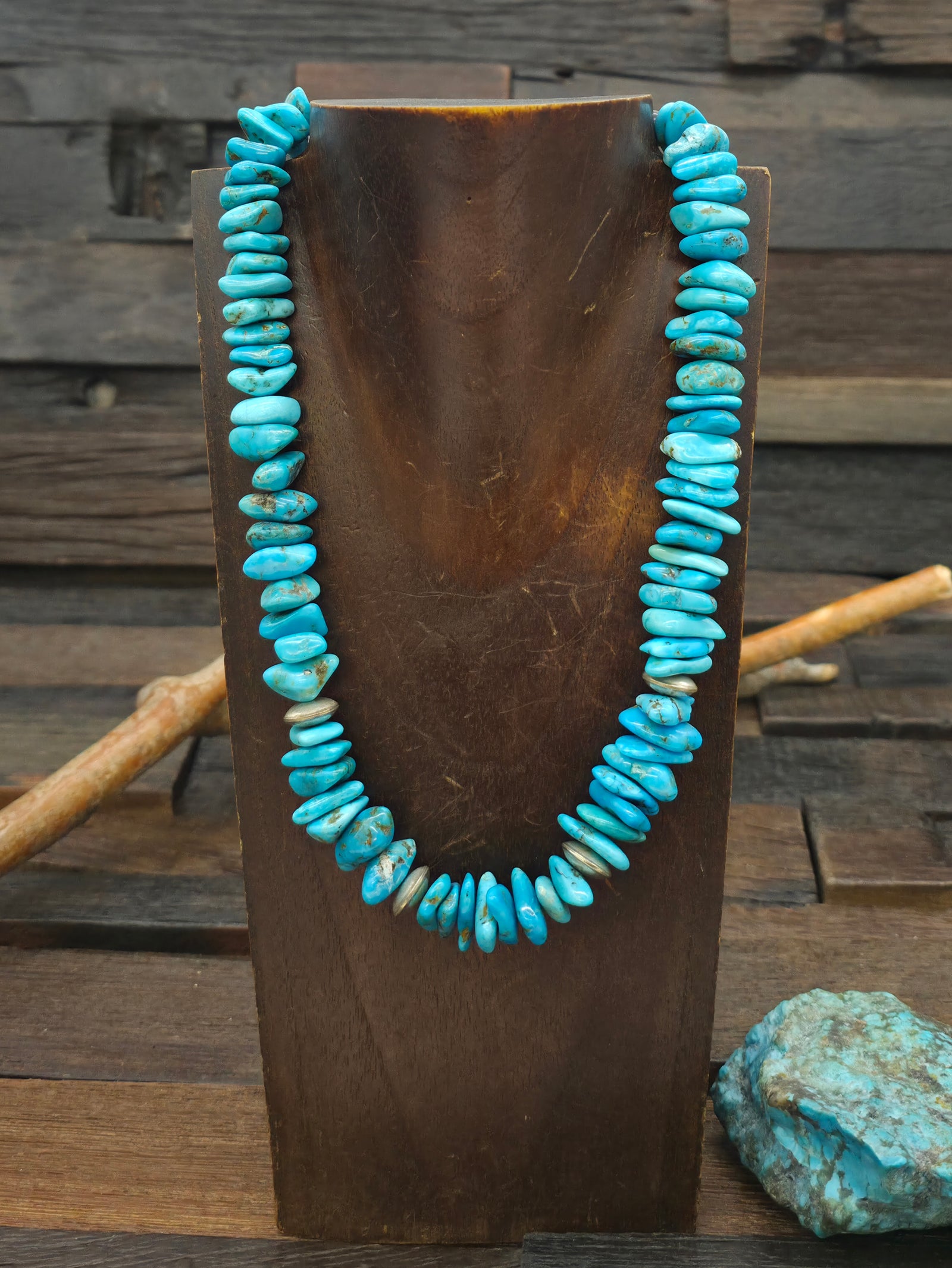 Kingman Turquoise Nugget Necklace with Sterling Silver Beads - 19 in.