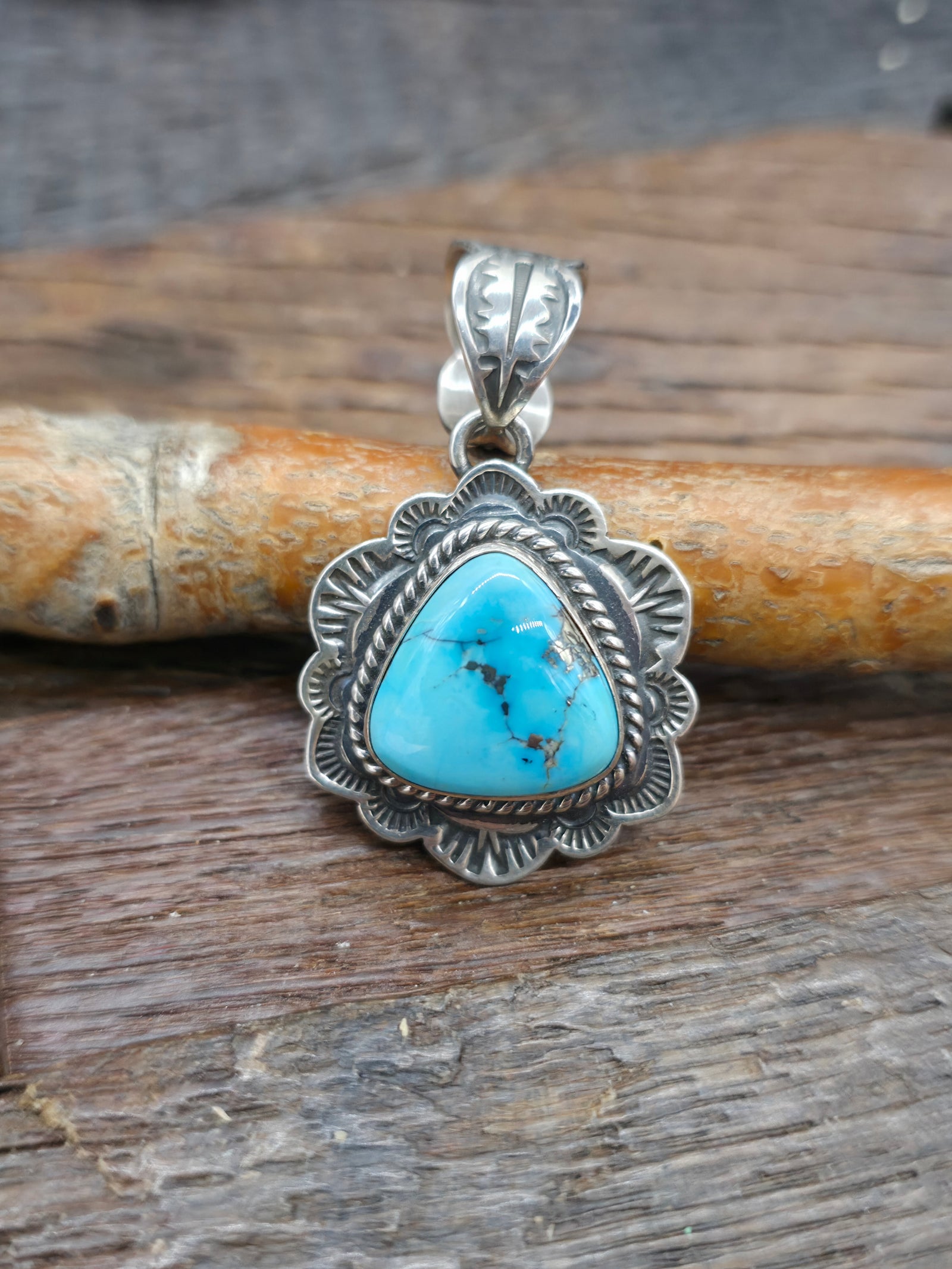 Stamped Sterling Silver Kingman Turquoise Pendant by Happy Piasso