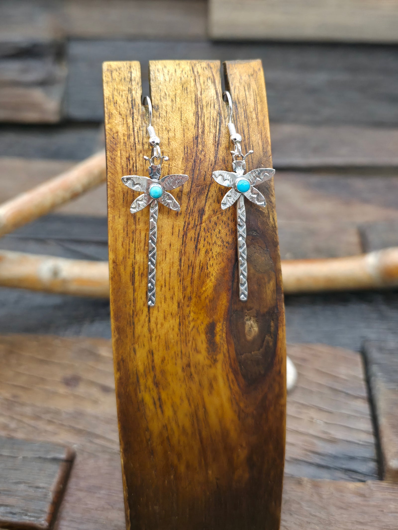 Sterling Silver Turquoise Dragonfly Earrings by Lucille Platero - 2 in. by 3/4 in.