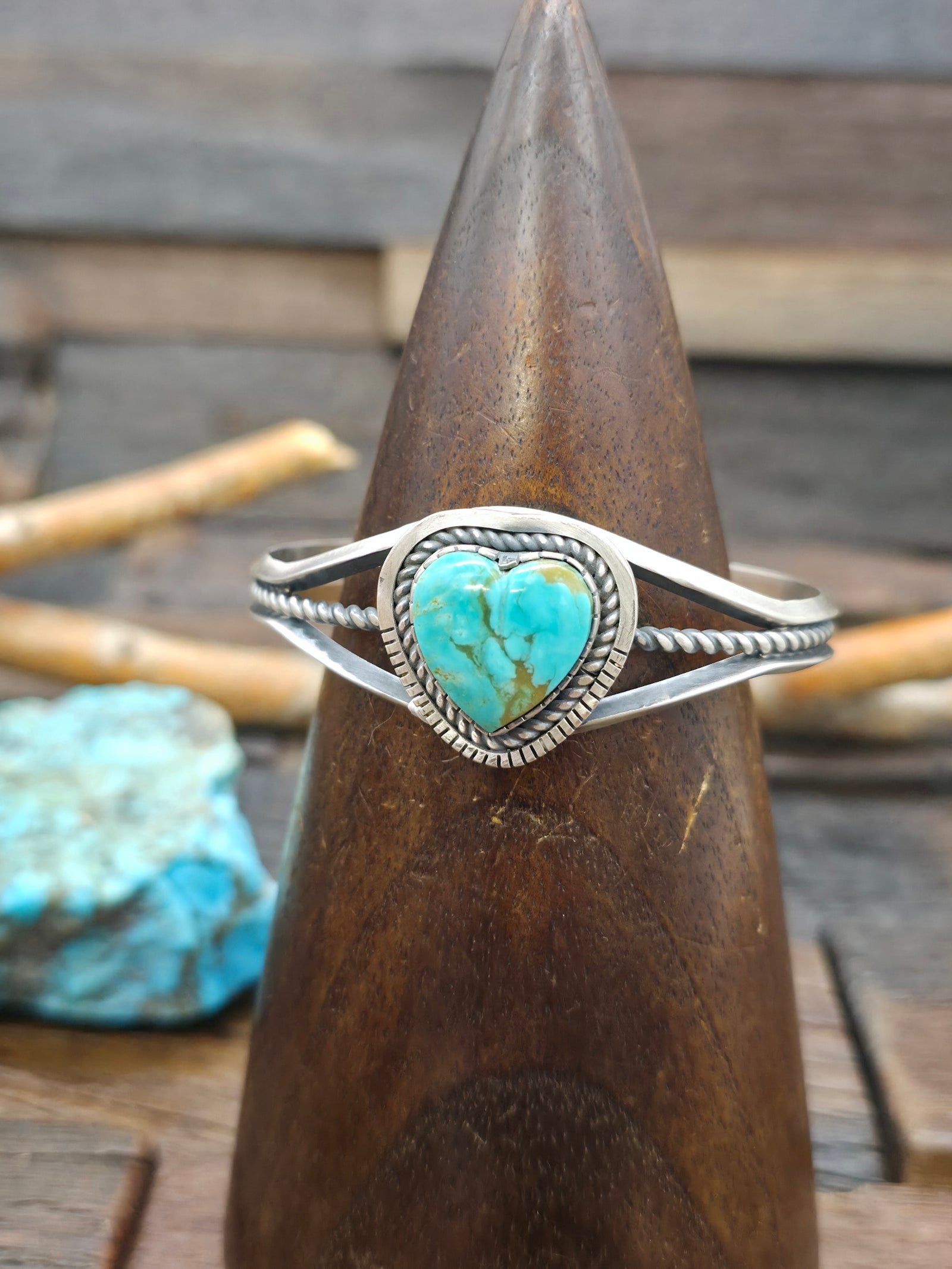 Oxidized Sterling Silver Kingman Turquoise Heart Cuff by Walter Vandever - 6 1/2 in. with Gap