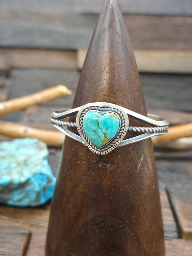 Oxidized Sterling Silver Kingman Turquoise Heart Cuff by Walter Vandever - 6 1/2 in. with Gap