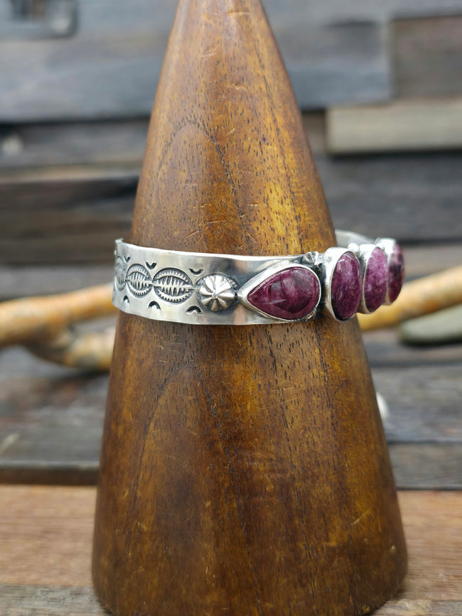 Stamped Sterling Silver and Purple Spiny Cuff by Rosella Paxton  - 7 in.