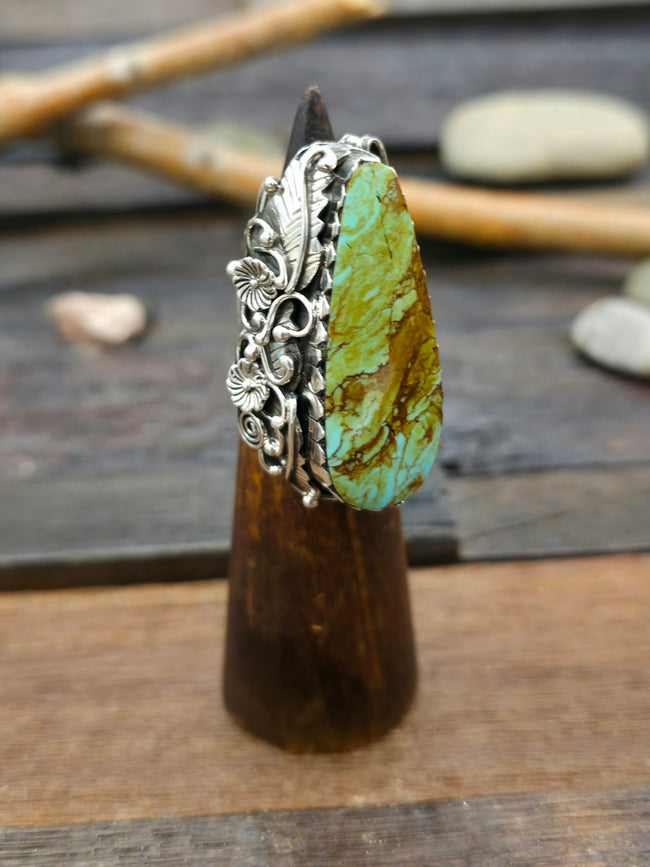Large Turquoise and Sterling Silver Leaf Ring by Jimmy Garcia - Size 8