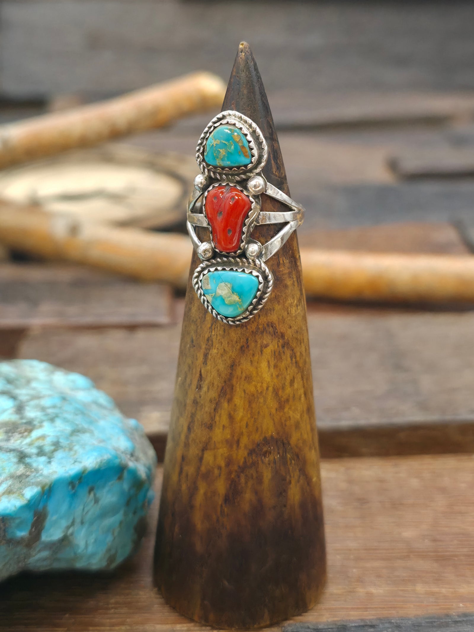 Three Stone Sterling Silver Turquoise and Coral Ring by L. Ganado - Size 6