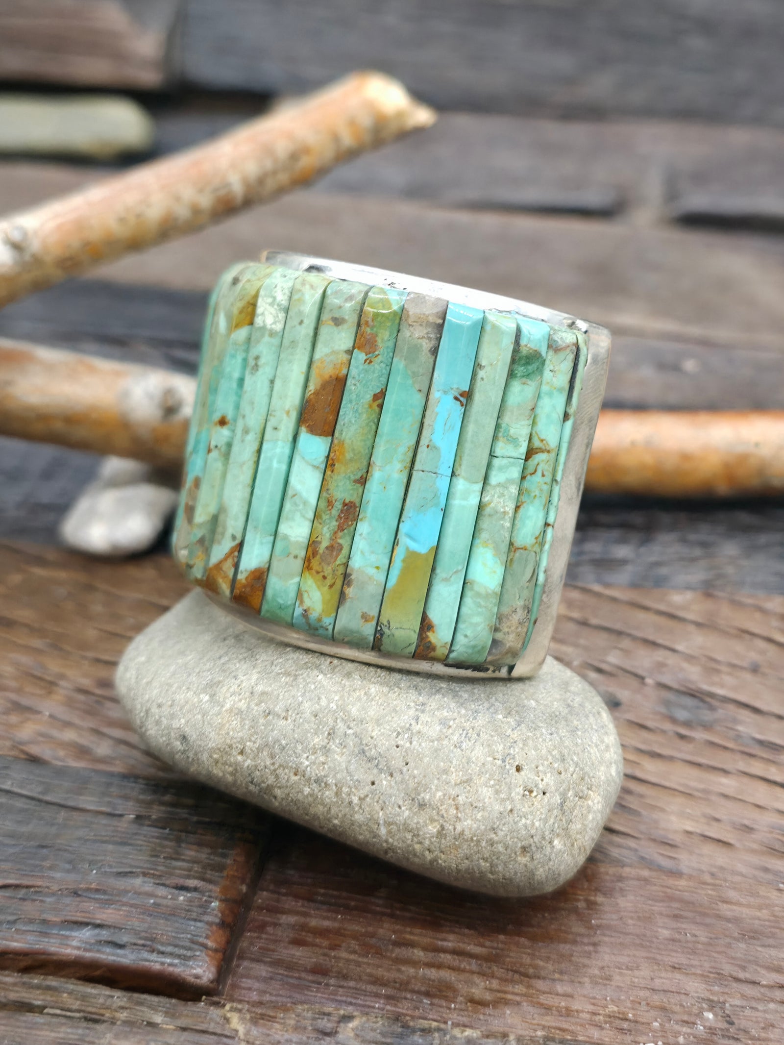 Wide Turquoise Cobblestone Inlay Sterling Silver Cuff by Louise Pete - 6 1/2 in. with Gap