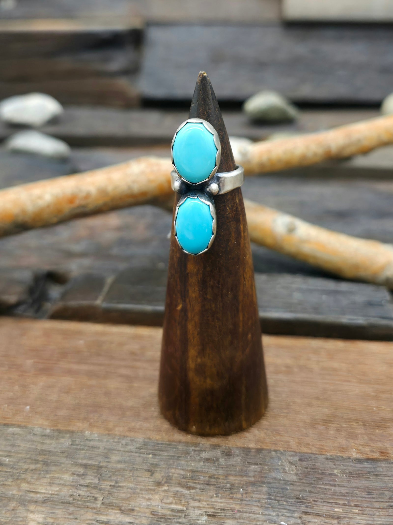 Two Stone Sterling Silver Blue Turquoise Ring - Size 5 1/2