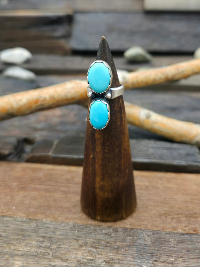 Two Stone Sterling Silver Blue Turquoise Ring - Size 5 1/2
