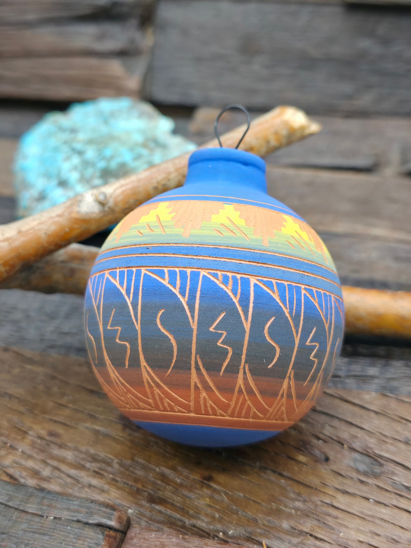 Navajo Etched Christmas Ornament Bauble by Viveca Tsosie - Blue