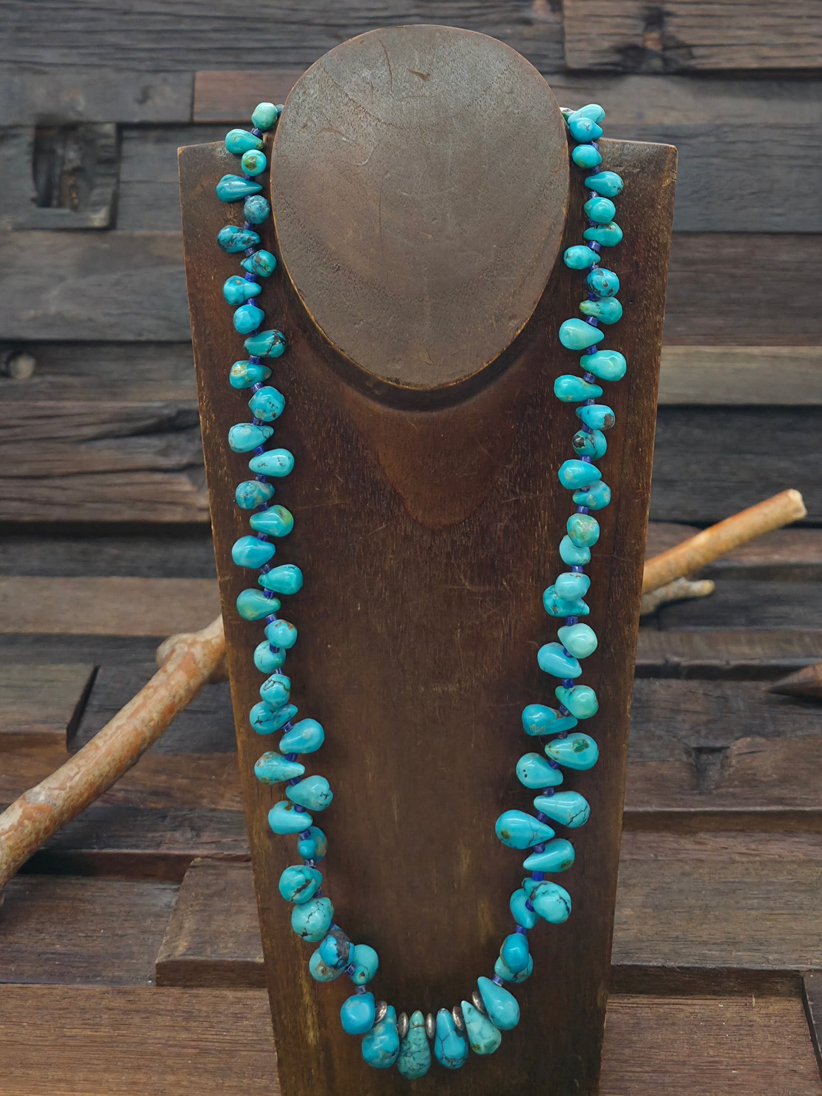Sky Horse Turquoise, Lapis, and Sterling Silver Bead Necklace by Fred Archuleta - 24 in.
