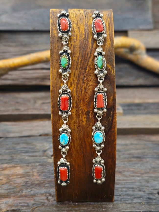 Long Turquoise and Coral Sterling Silver Earrings by Rosella Paxton