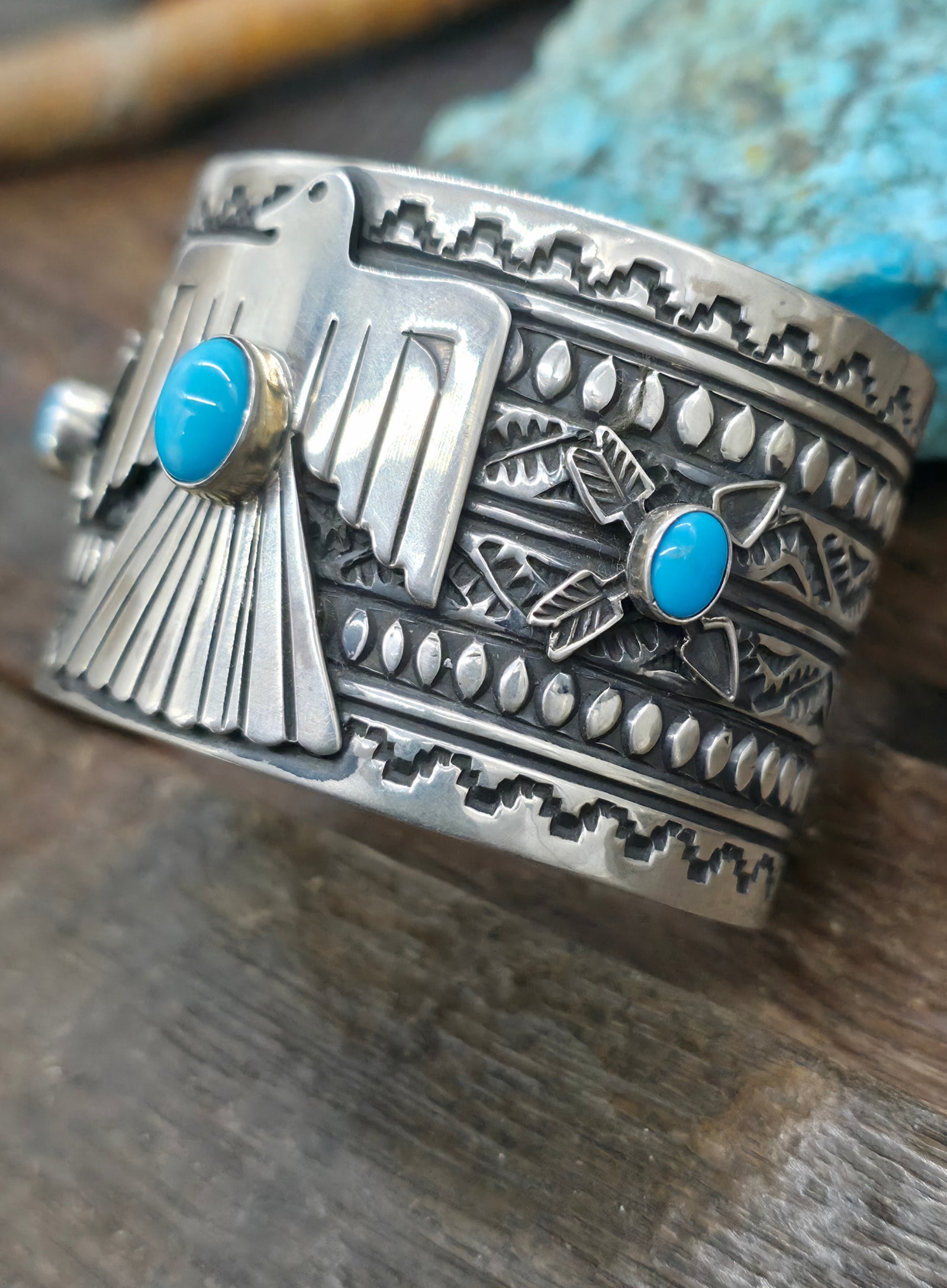 Sterling Silver Turquoise Thunderbird Cuff by Tsosie White - 6 1/2 in. with Gap