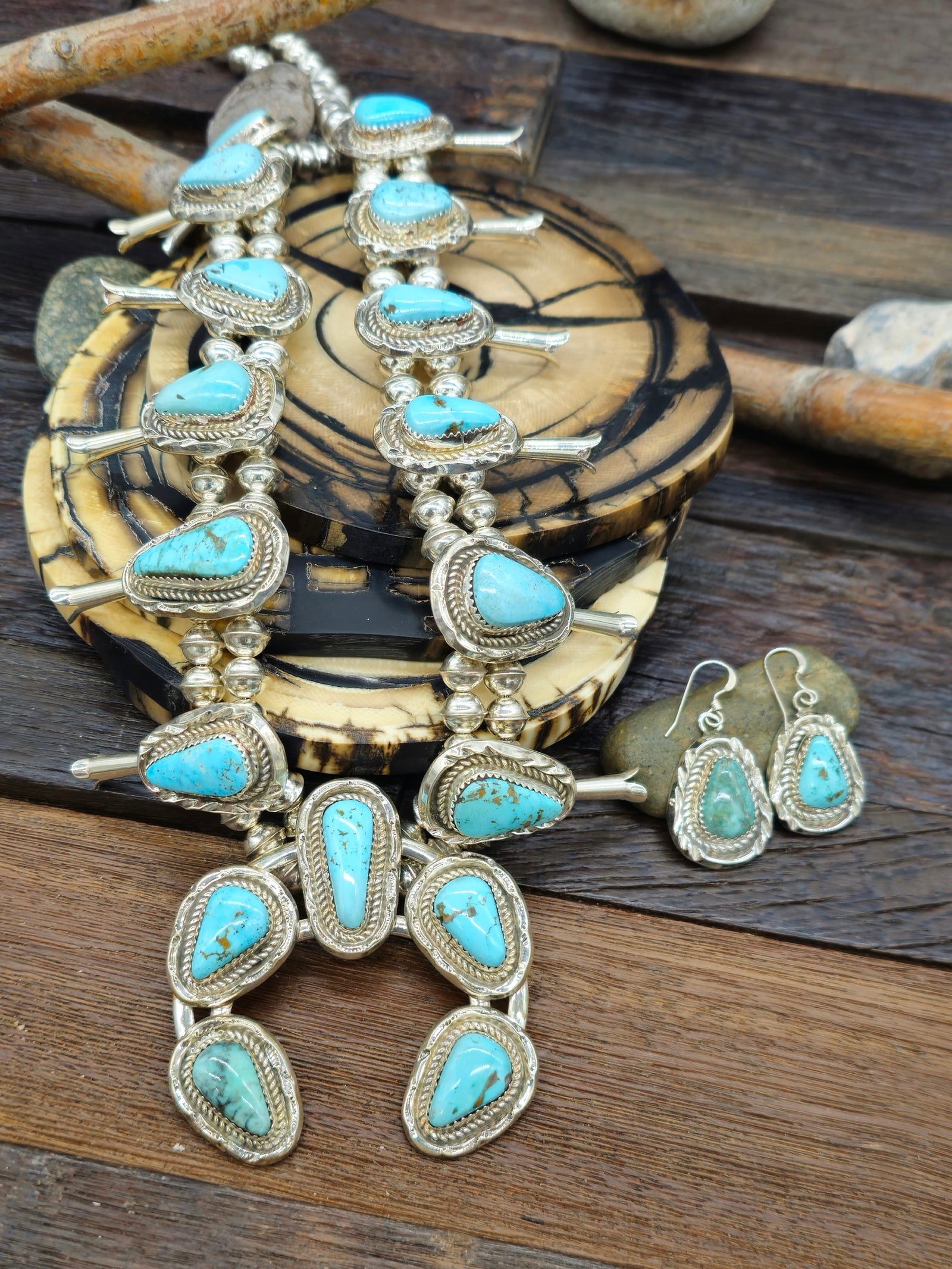 Red Mountain Turquoise Squash Blossom Necklace and Earring Set by Julia Etsitty