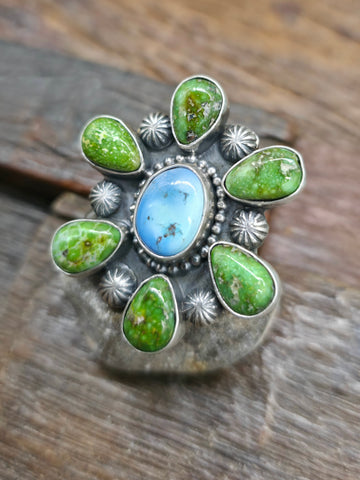 Sterling Silver Golden Hills and Spiny Oyster Cluster Ring by Etta Endito - Adjustable