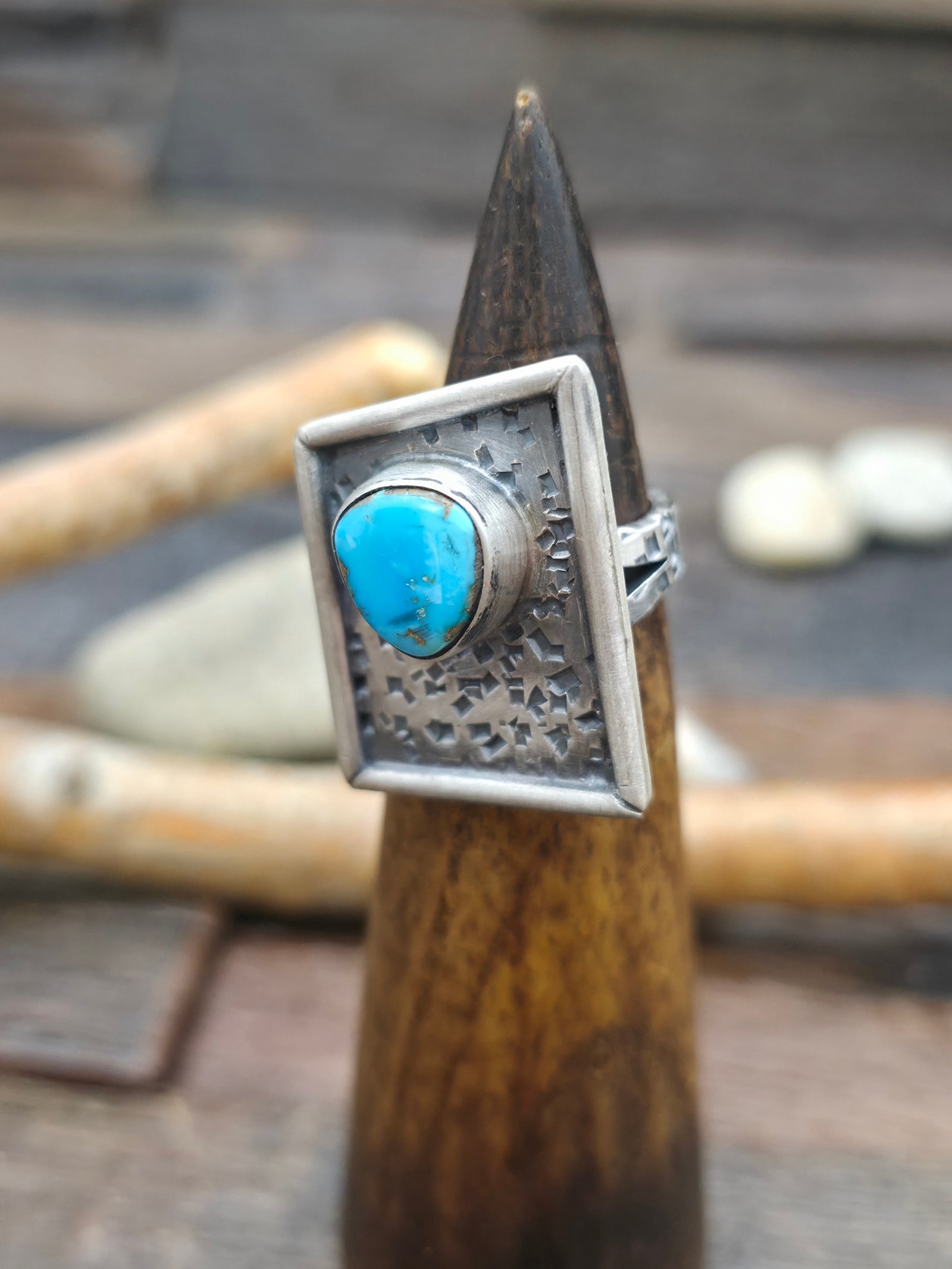 Hammered Sterling Silver Turquoise Ring by Rosella Paxton - Adjustable