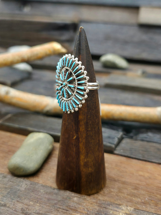 Sterling Silver Sleeping Beauty Turquoise Needlepoint Ring by Shirley Lahi - Size 8