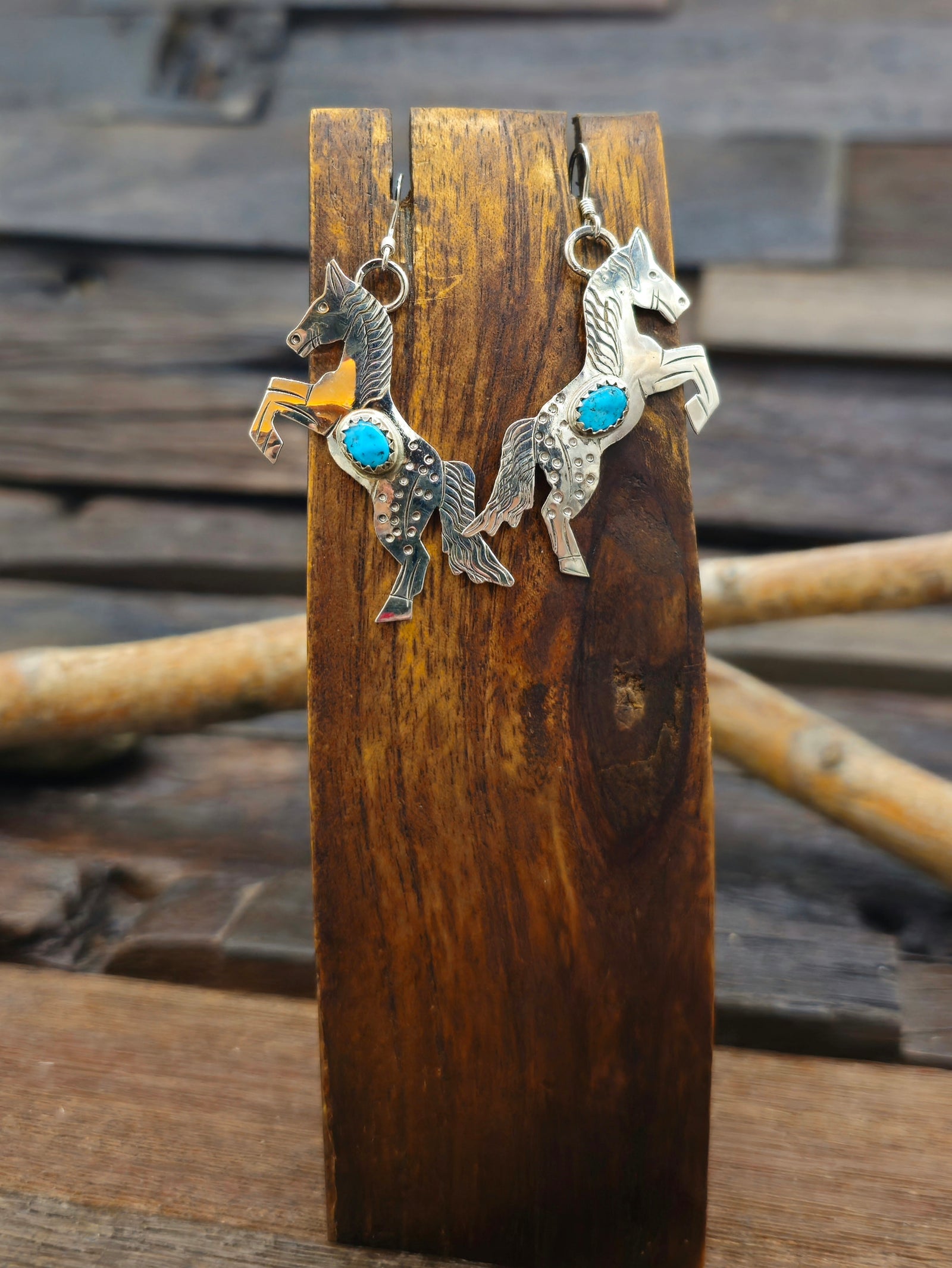Stamped Sterling Silver Horse Earrings with Turquoise by Louise Yazzie