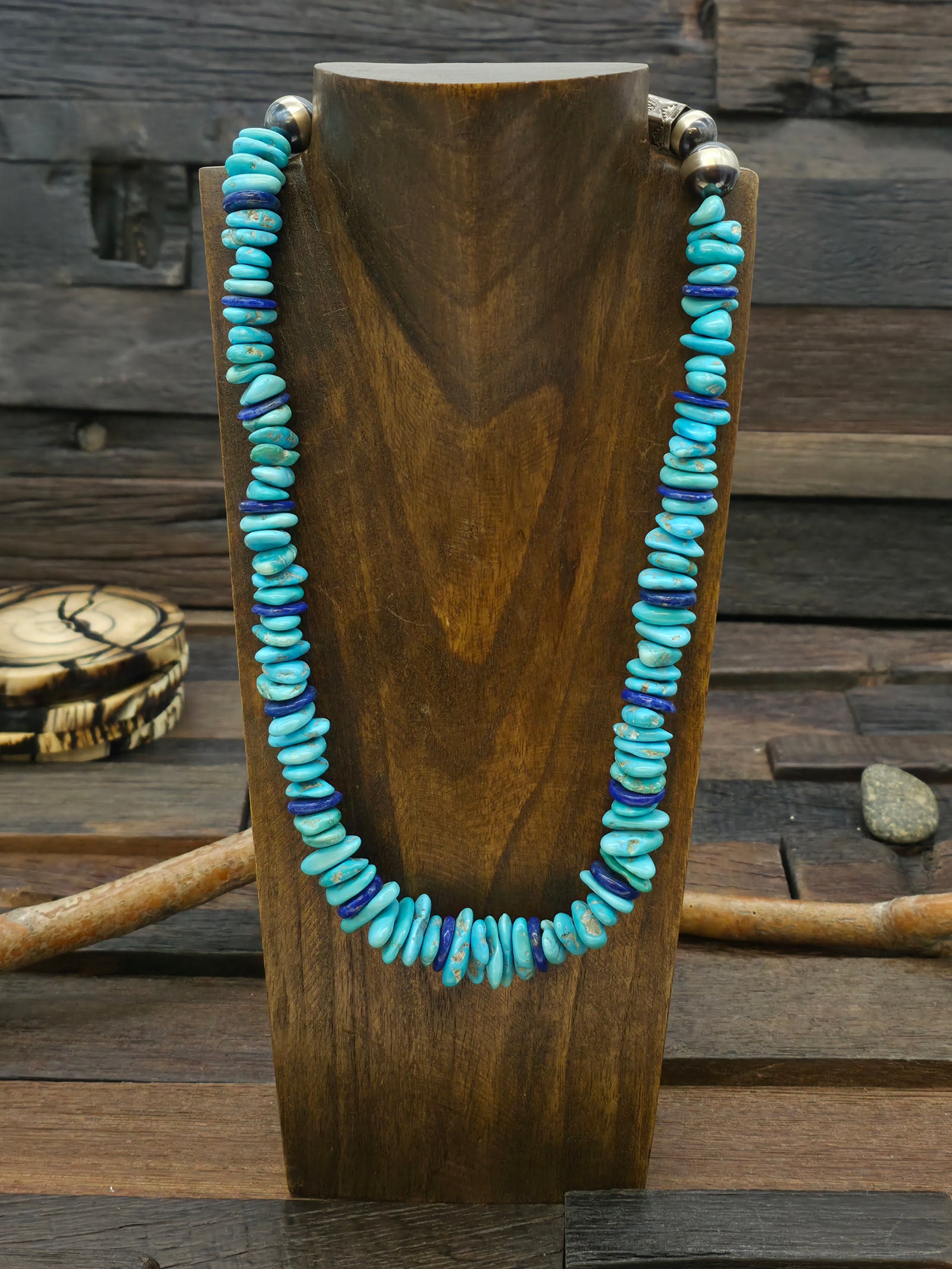 Sleeping Beauty Turquoise and Lapis Nugget Necklace with Oxidized Sterling Silver Beads by Fred Archuleta - 20 in.