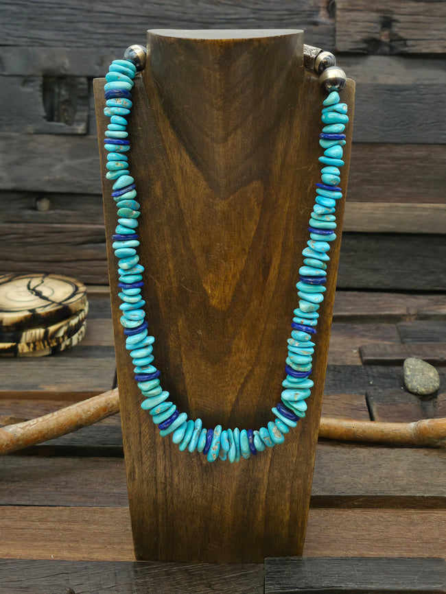 Sleeping Beauty Turquoise and Lapis Nugget Necklace with Oxidized Sterling Silver Beads by Fred Archuleta - 20 in.