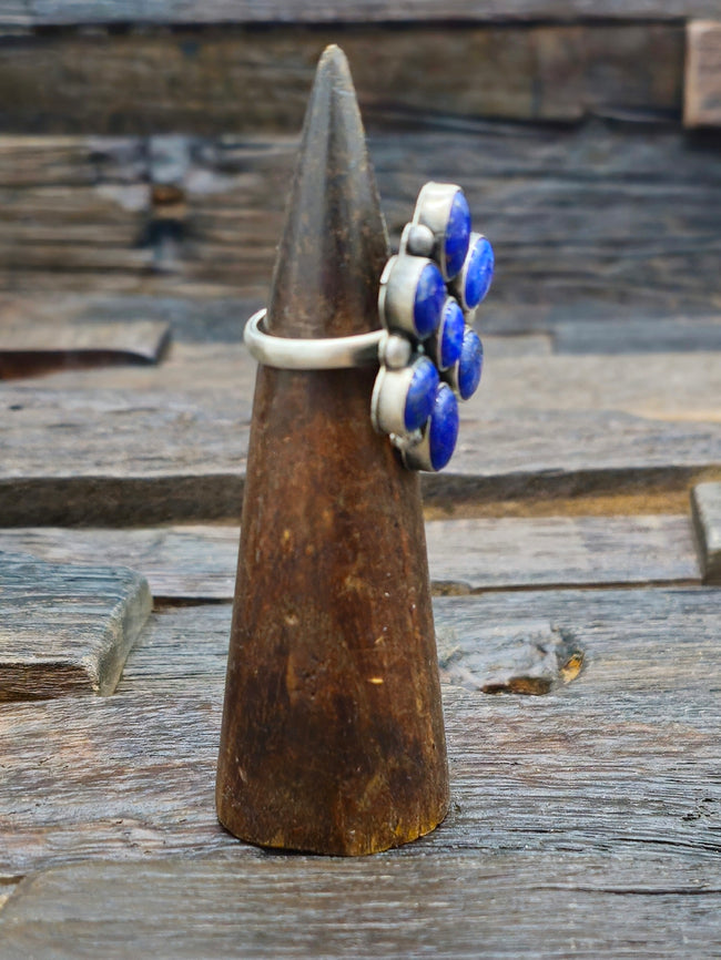 Oxidized Sterling Silver Lapis Lazuli Cluster Ring - Adjustable