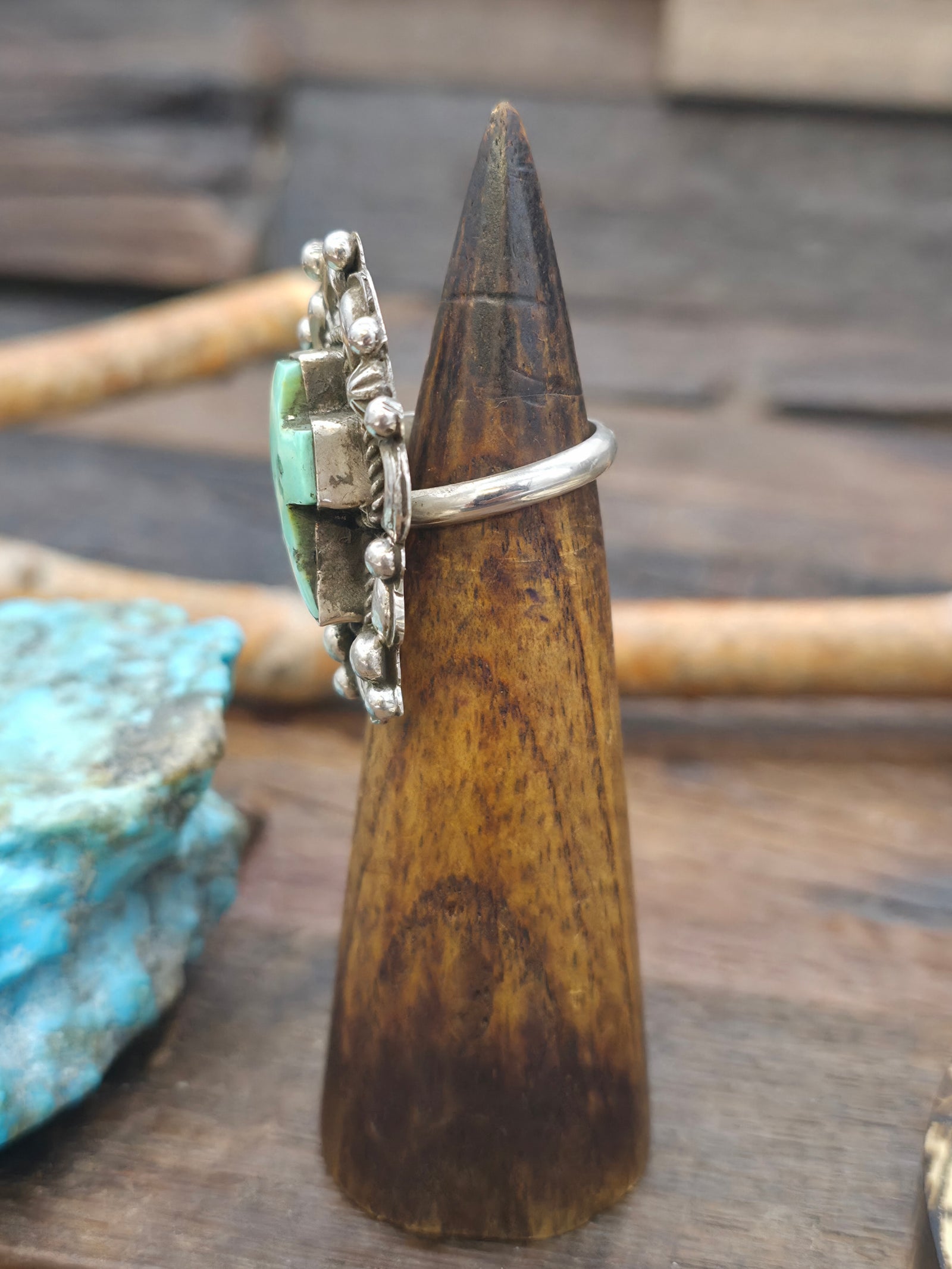 Repousse Stamped Sterling Silver Green Turquoise Cross Ring by Richard Jim - Adjustable