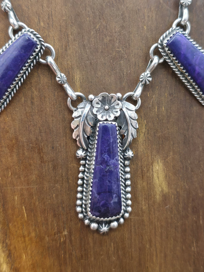 Sugilite and Sterling Silver Necklace with Flower by Brenda Jimenez - 21 in.