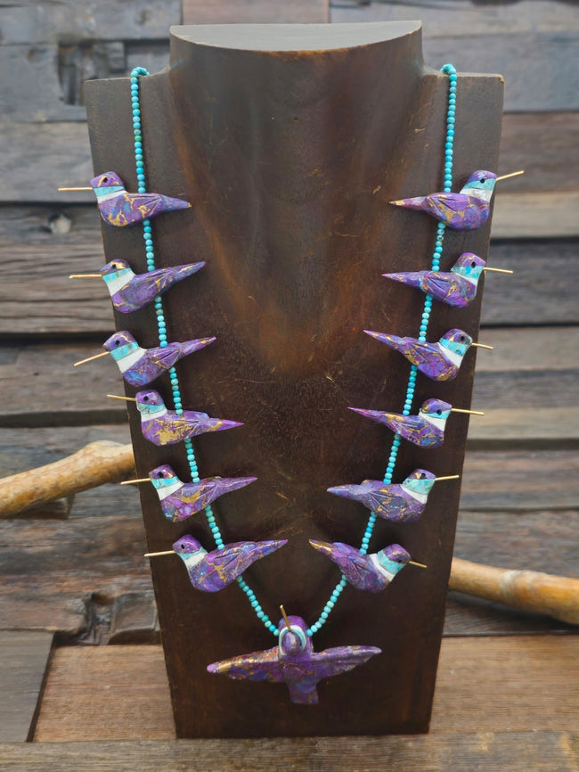 Purple 13 Hummingbird Necklace with Blue Turquoise Beads by Matt Mitchell - 28 in.