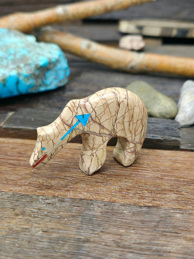 Hand Carved Bear Fetish with Turquoise and Coral Inlay