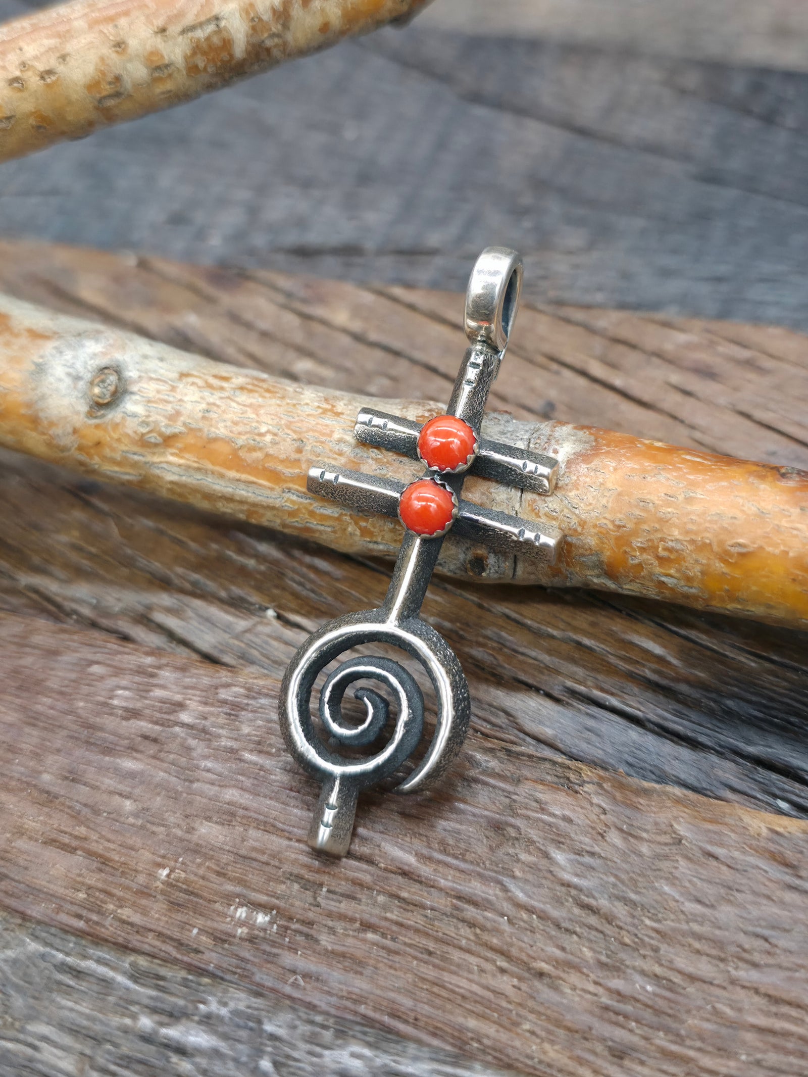 Cast Sterling Silver Coral Dragonfly Symbol Pendant by Aaron Anderson - 2 in. by 1 in.