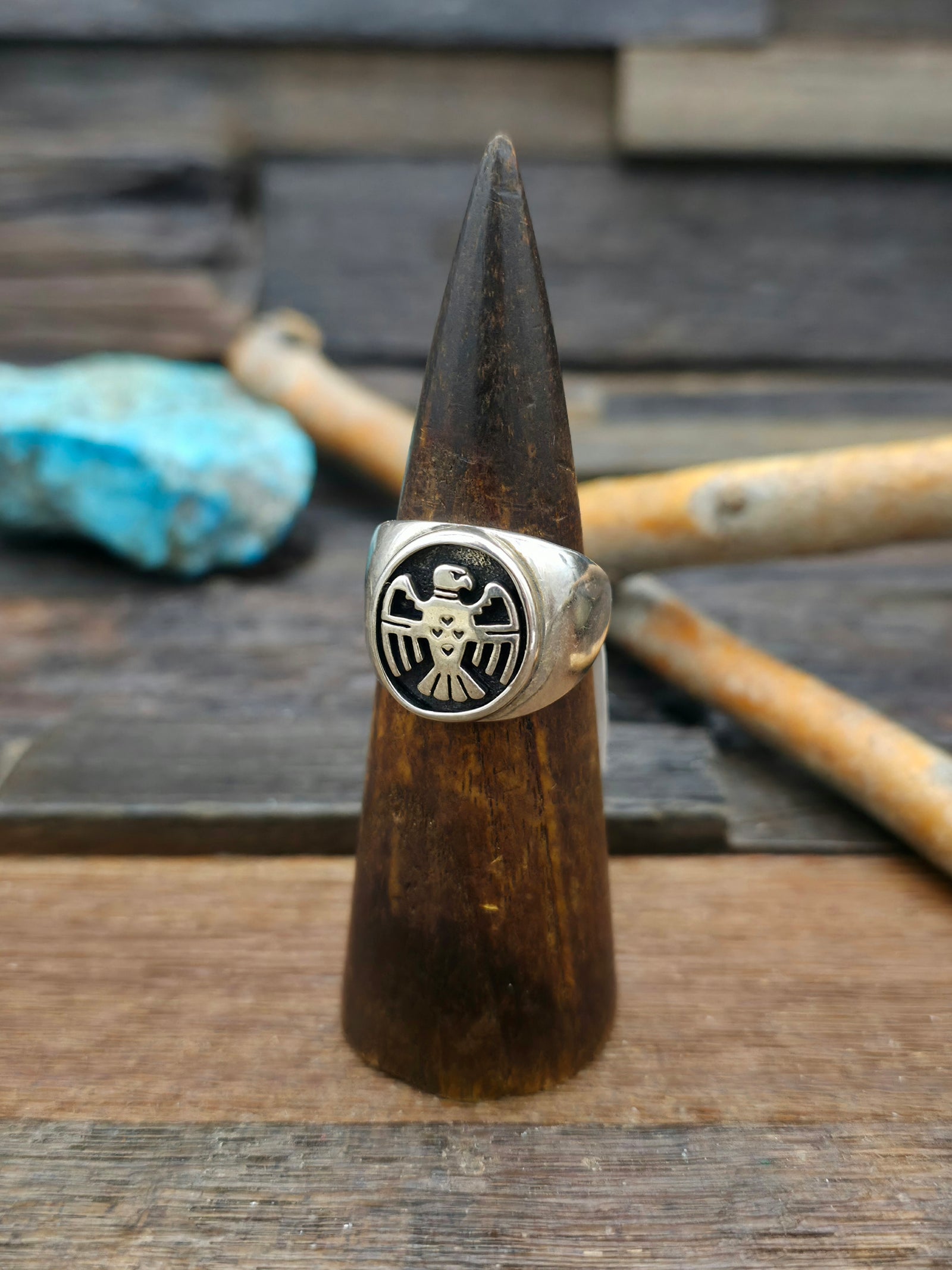 Sterling Silver Thunderbird Overlay Ring - Size 12