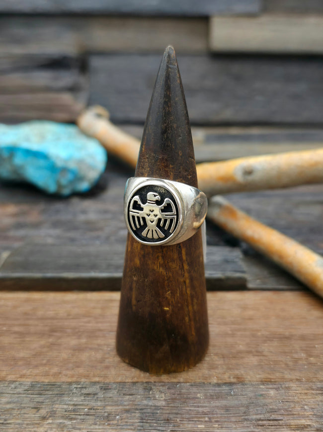 Sterling Silver Thunderbird Overlay Ring - Size 12