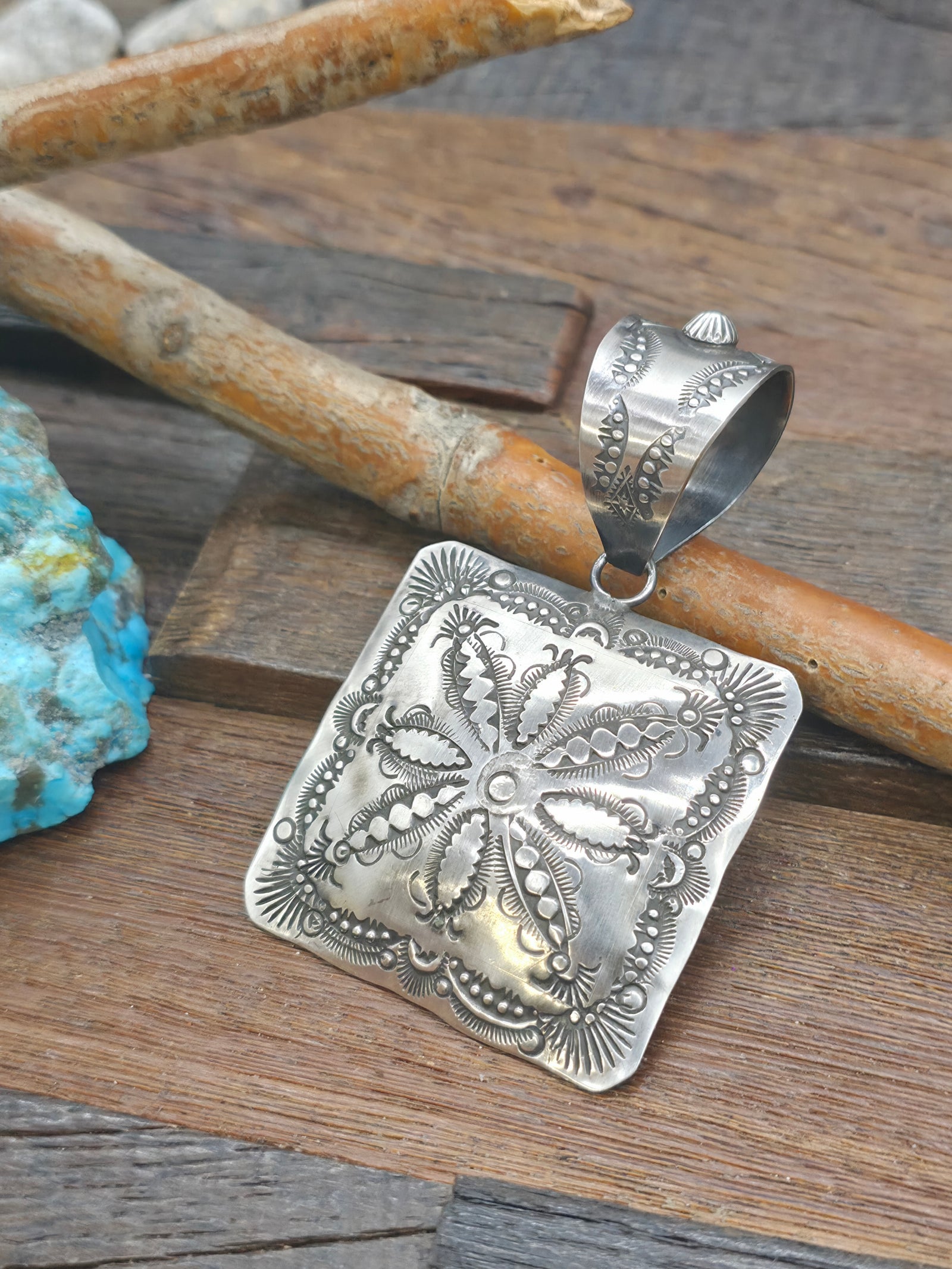 Large Stamped Sterling Silver Square Pendant by Vincent Platero -  3 1/4 in. by 2 1/4 in.