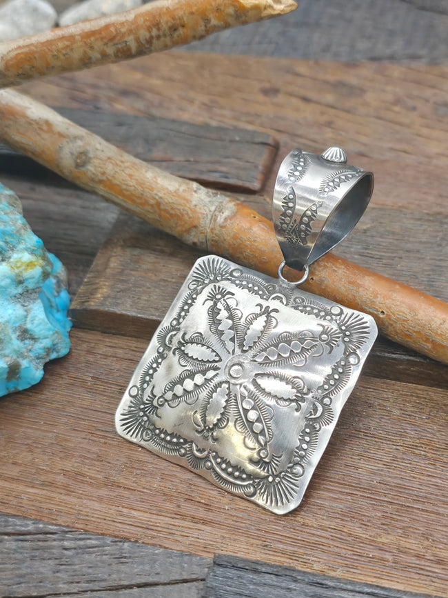 Large Stamped Sterling Silver Square Pendant by Vincent Platero -  3 1/4 in. by 2 1/4 in.