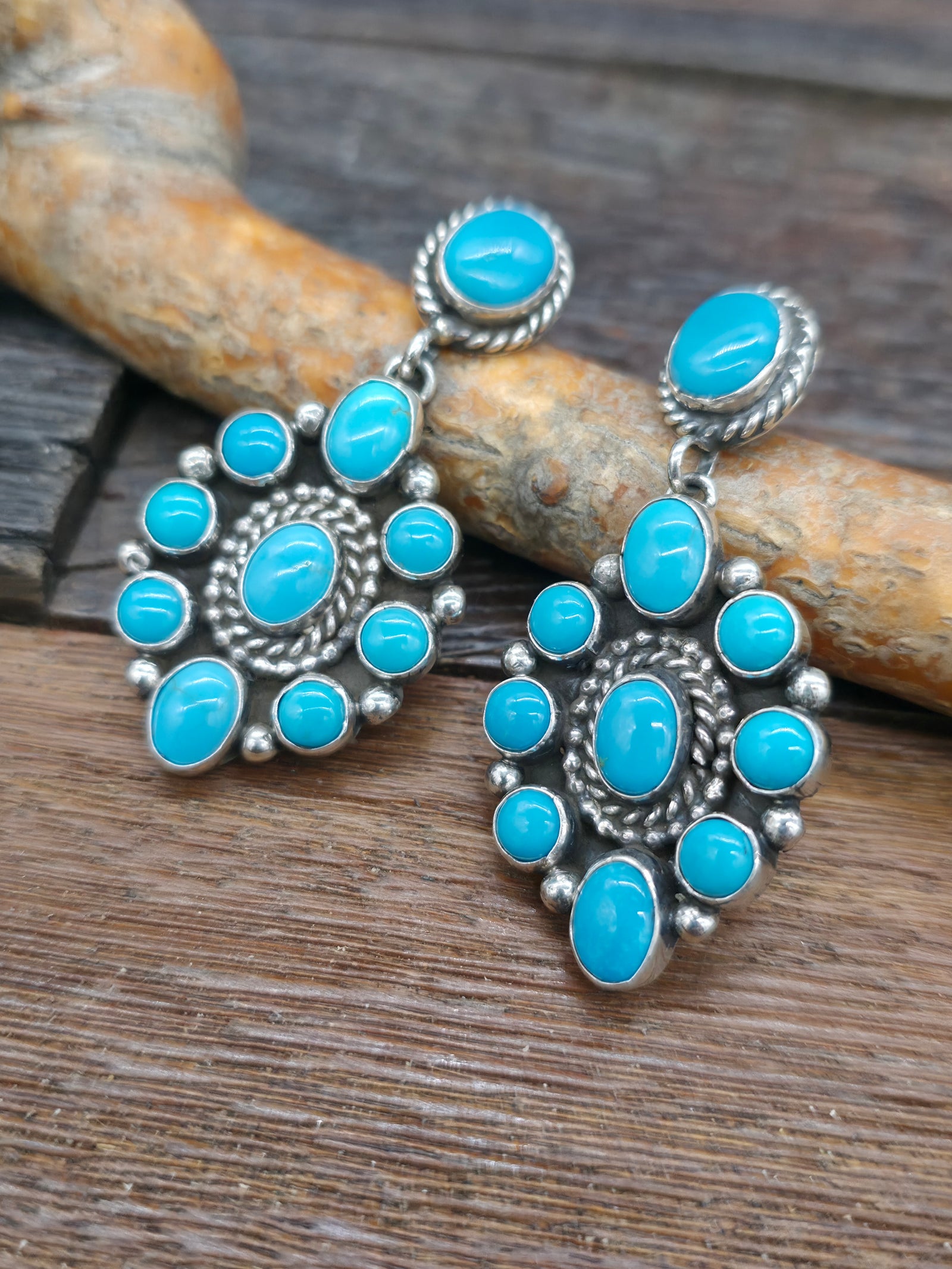 Kingman Turquoise Cluster Post Dangle Earrings by Linda Yazzie