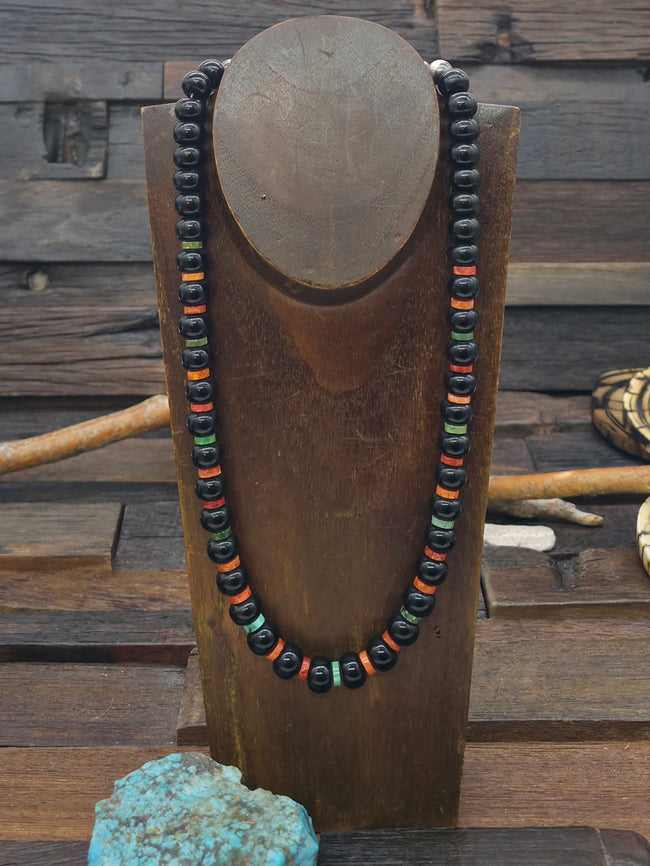 Black Onyx Bead Strand Necklace with Apple Coral and Turquoise - 22 in.