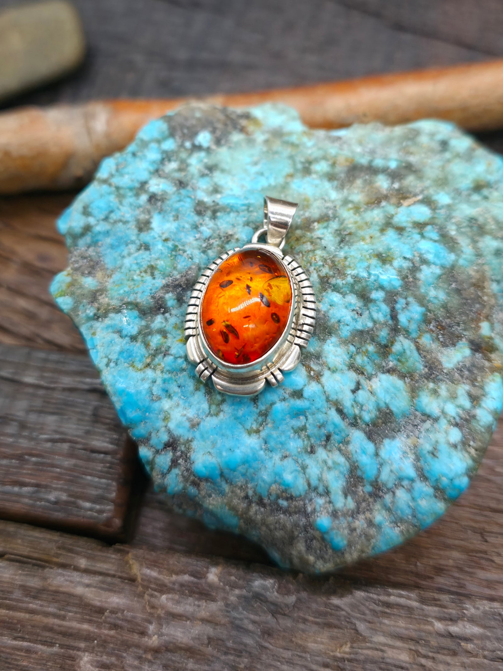 Sterling Silver Oval Amber Pendant - 1 in. by 3/4 in.