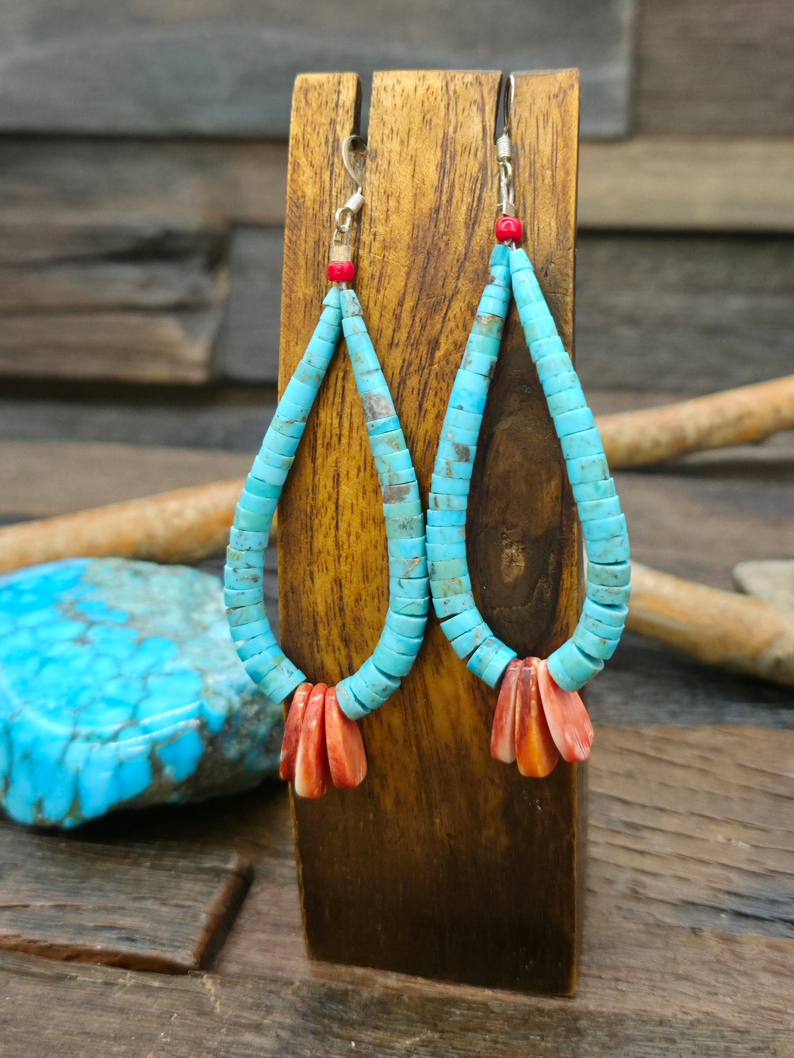 Blue Turquoise and Long Orange Spiny Oyster Earrings by Lupe Lovato - 4 in. by 1 1/4 in.