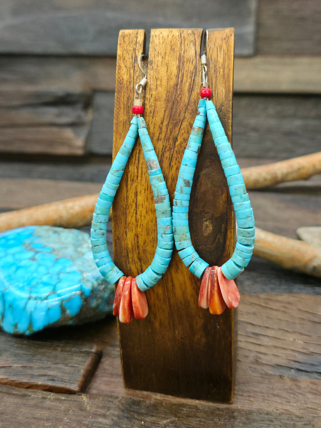 Blue Turquoise and Long Orange Spiny Oyster Earrings by Lupe Lovato - 4 in. by 1 1/4 in.