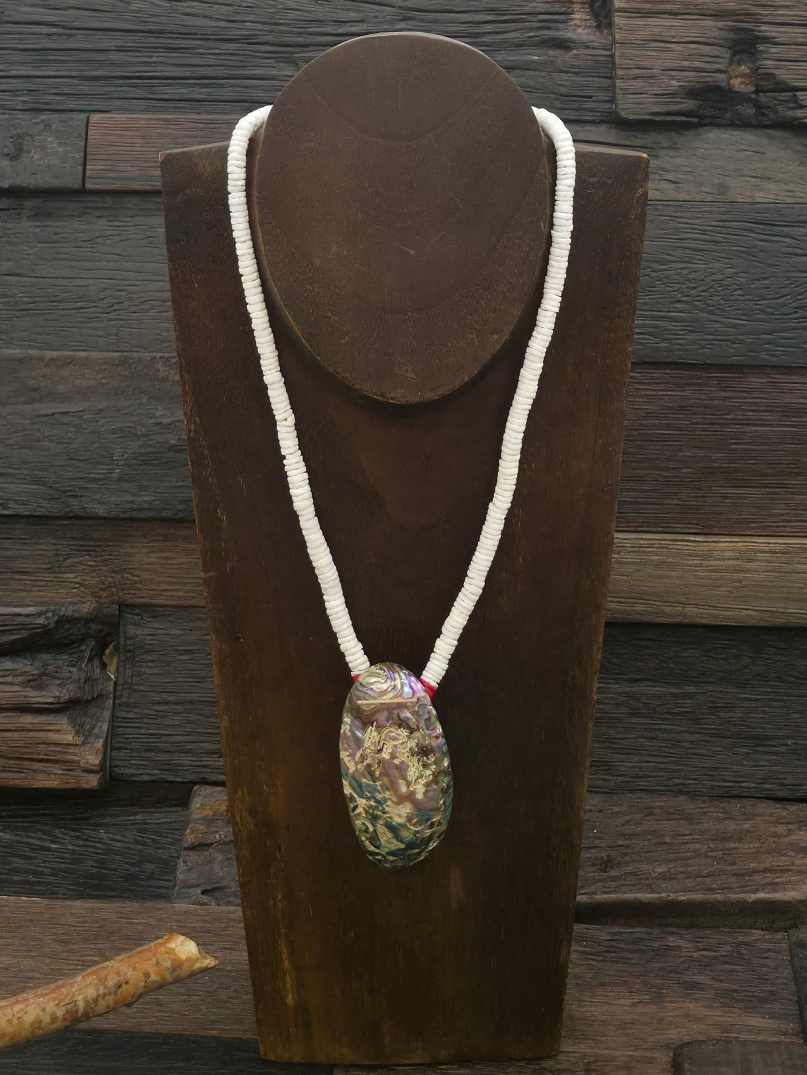 White Clam Heishi Necklace with Abalone Shell Pendant by Nathan Garcia - 18 in.