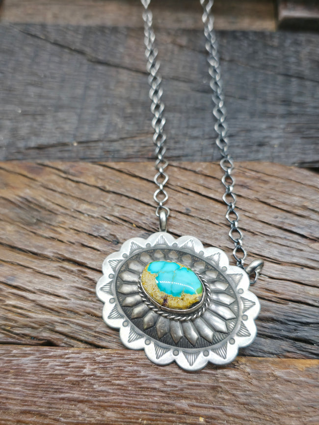 Stamped Sterling Silver Sonoran Turquoise Necklace by "JY" - Oval Stone - 19 in.