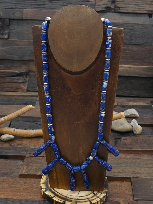 Lapis and Sterling Silver Barrel Bead Necklace by Fred Archuleta - 24 in.