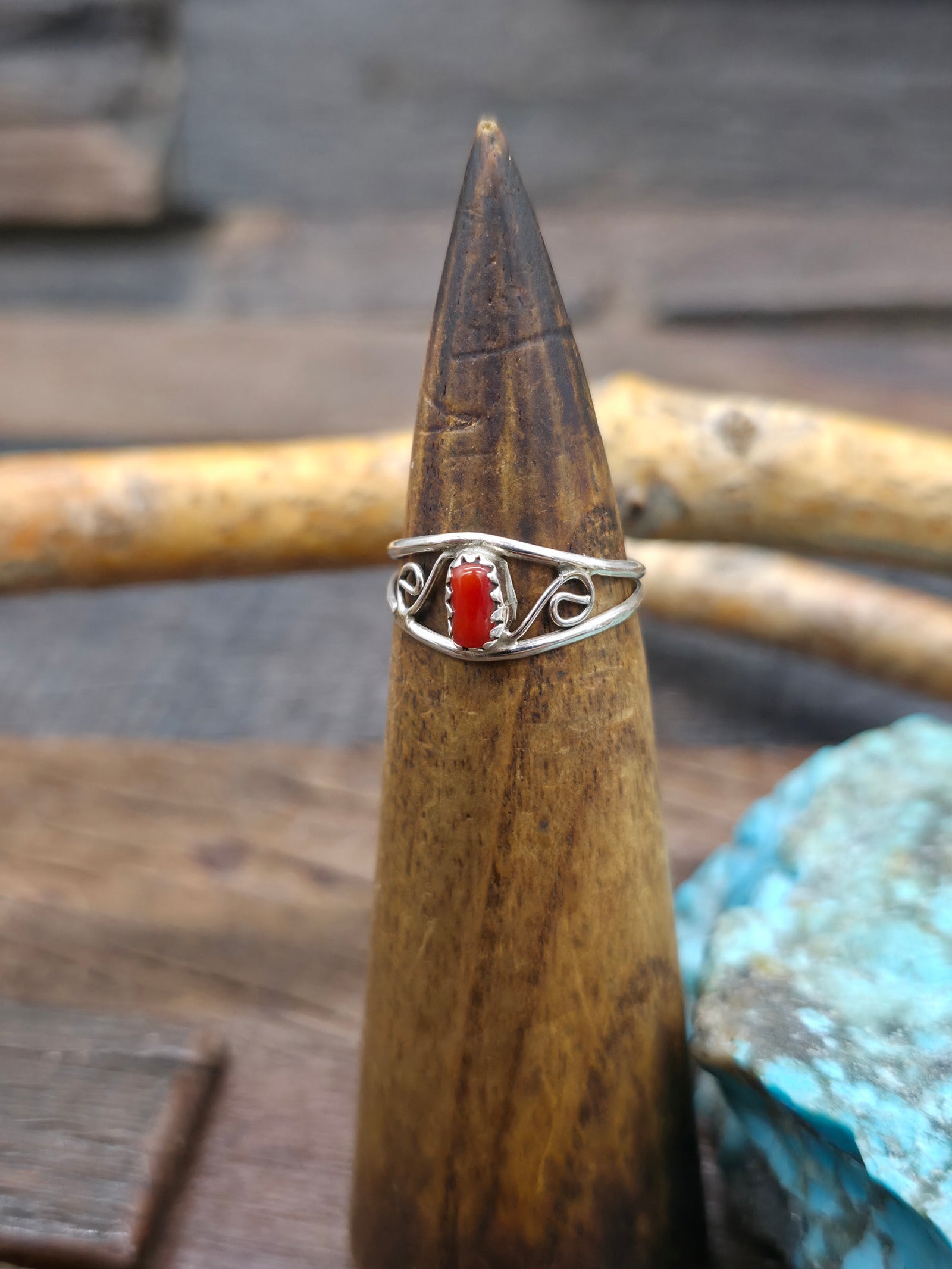 Dainty Sterling Silver and Coral Filigree Ring - Size 8