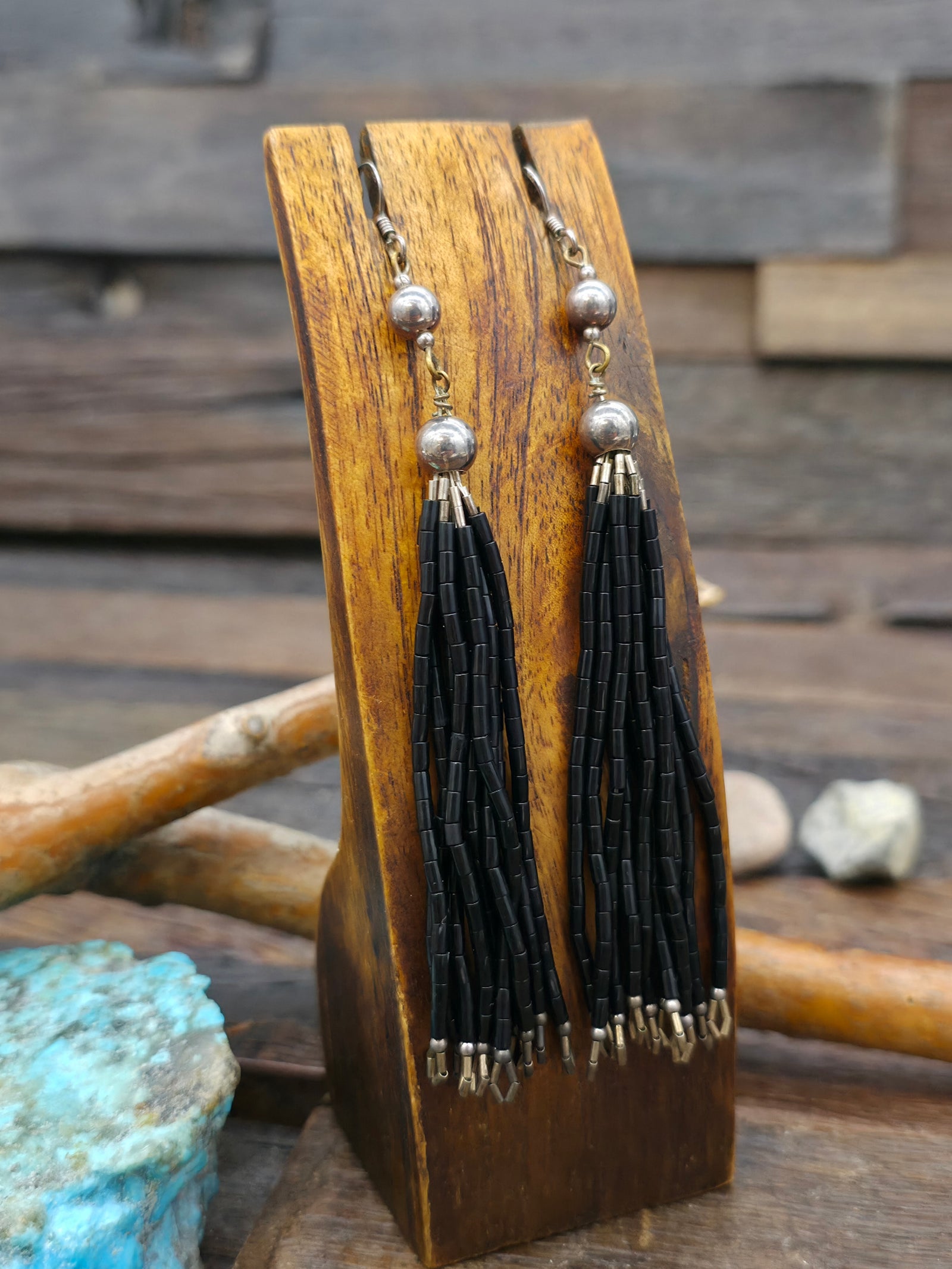 Vintage/Estate Sterling Silver and Jet Tassel Earrings - 4 1/2 in.