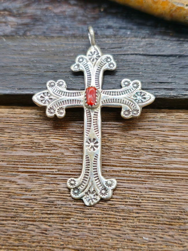 Vintage/Estate Sterling Silver Coral Cross Pendant