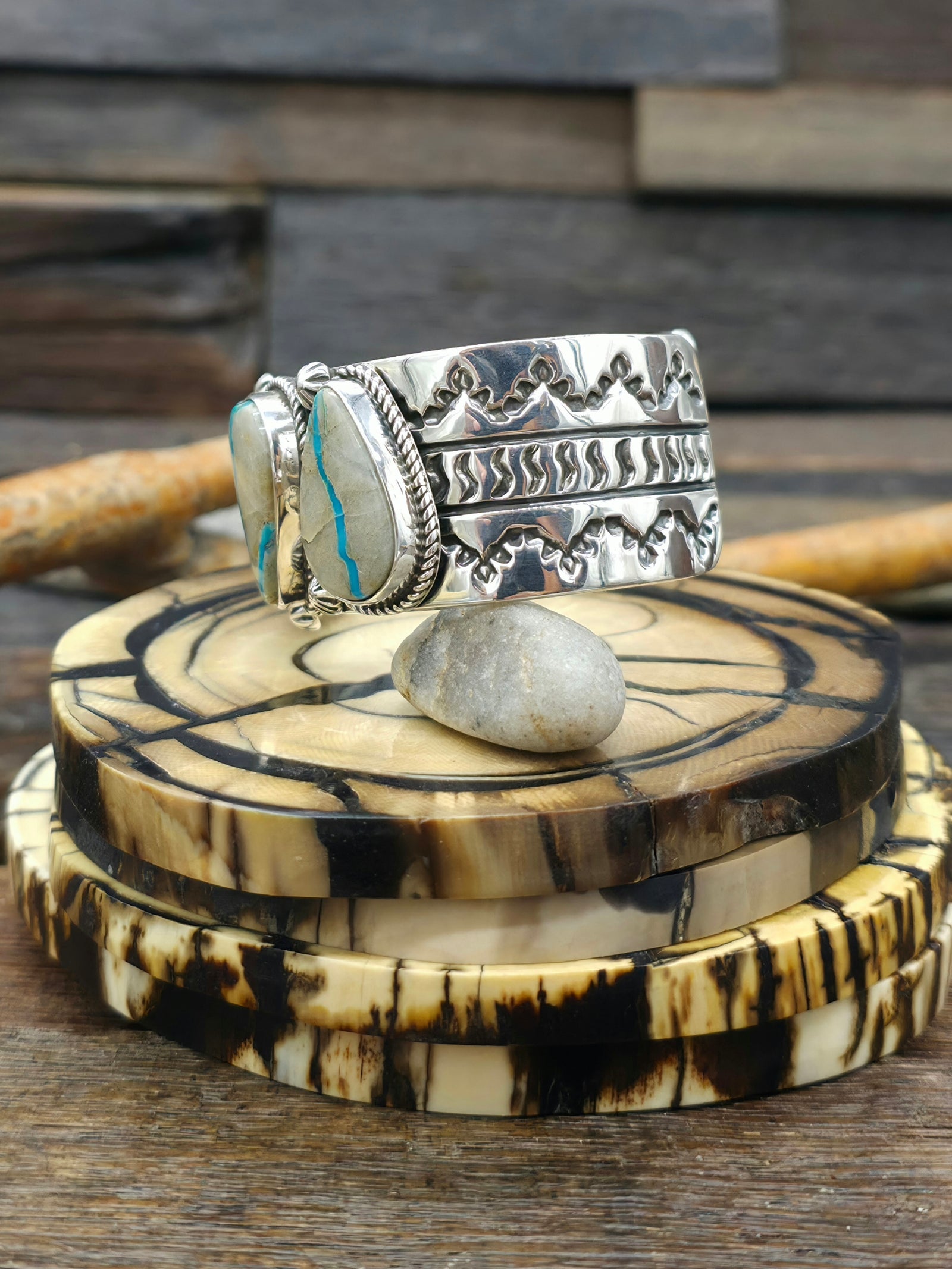 Stamped Sterling Silver and Ribbon Turquoise Cuff by Delbert Delgarito  - 6 3/4 in.