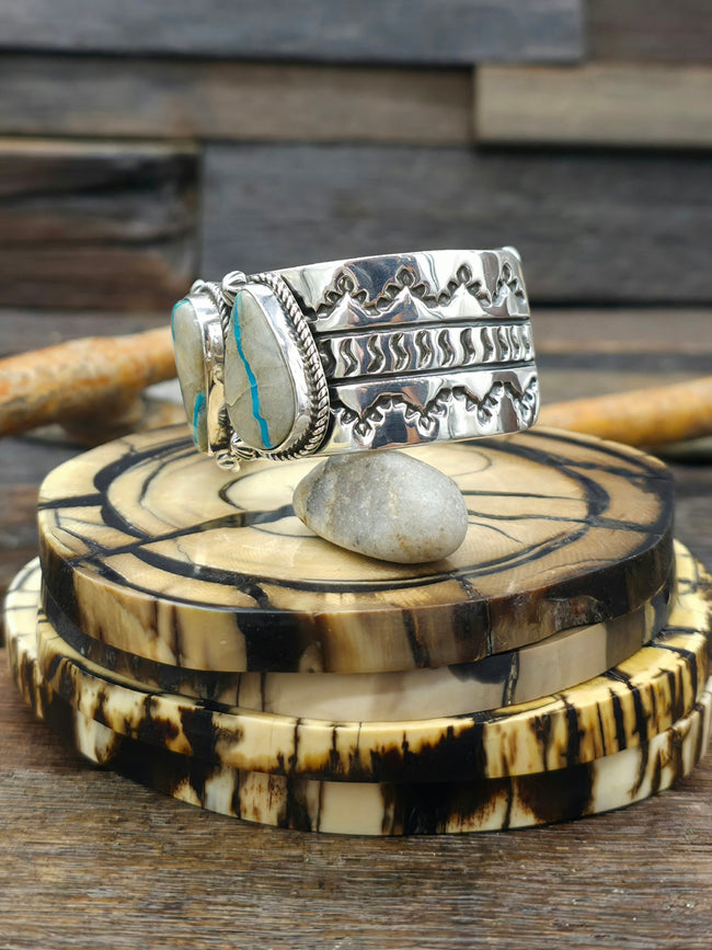 Stamped Sterling Silver and Ribbon Turquoise Cuff by Delbert Delgarito  - 6 3/4 in.